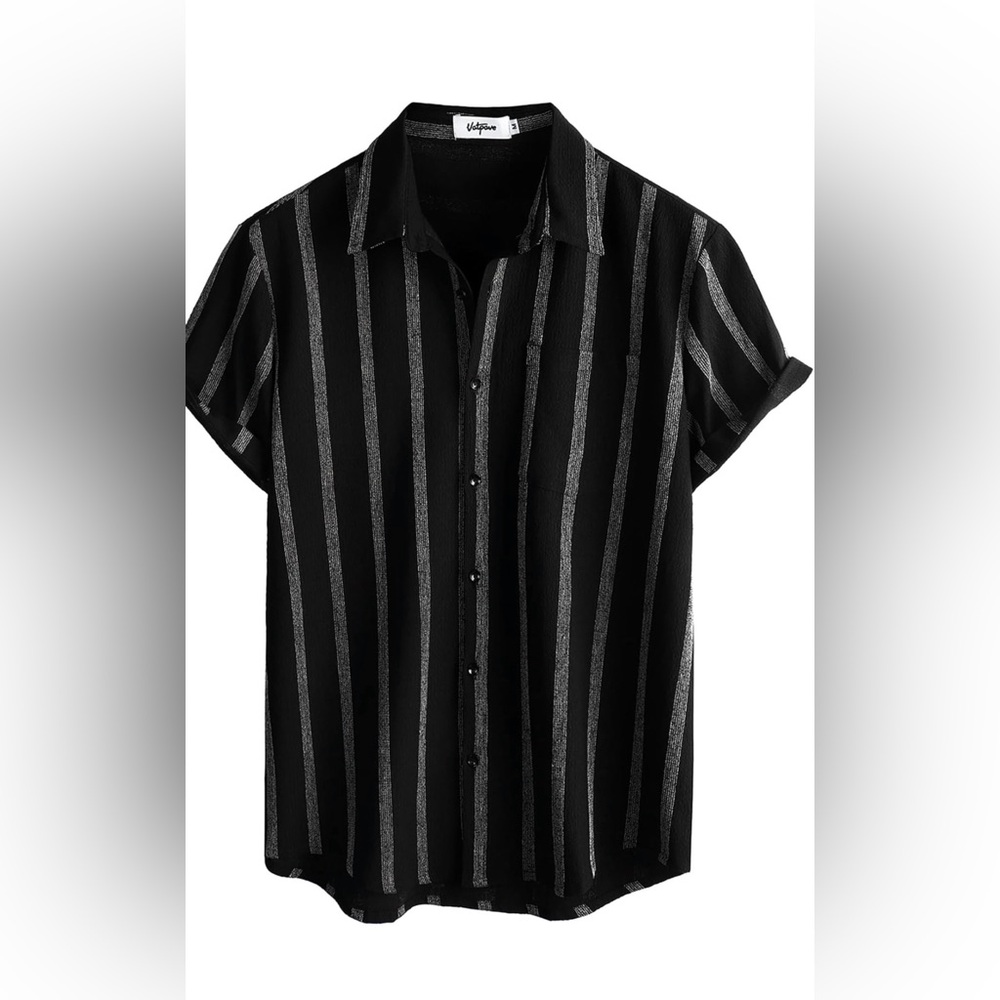 Men's Black Short-Sleeve Button-Down Shirt with Silver Vertical Stripes